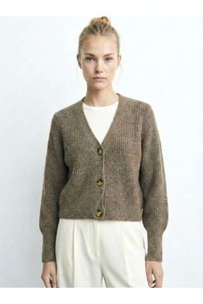 lamea Kadın Düğmeli V Yaka Triko Hırka – Kısa Boy Rahat Kesim -Kahverengi