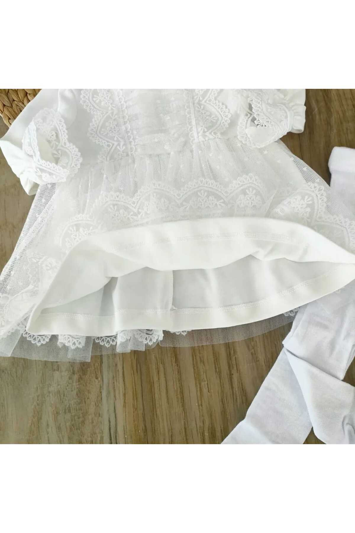 bebe kervanı Kız Bebek %100 Pamuk Ekru Fransız Güpürlü İthal Dantelli Mevlüt Elbisesi Özel Gün Takımı BBK1318 fotoğrafı 4 (önizleme)