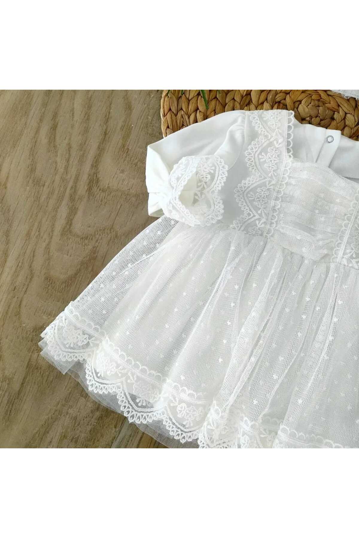 bebe kervanı Kız Bebek %100 Pamuk Ekru Fransız Güpürlü İthal Dantelli Mevlüt Elbisesi Özel Gün Takımı BBK1318 fotoğrafı 6 (önizleme)