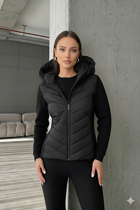 lermona Kadın Siyah Kontrast Şişme Mont – Astarlı Ceket Oversize Kışlık Ceket