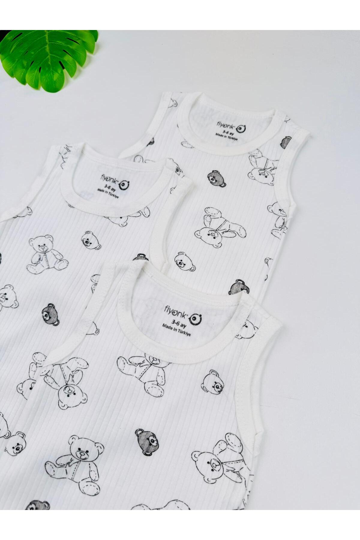 EFU BABY 3'lü %100 Pamuklu Ayı Desenli Fitilli Unisex Bebek Atlet Body Zıbın fotoğrafı 6 (önizleme)