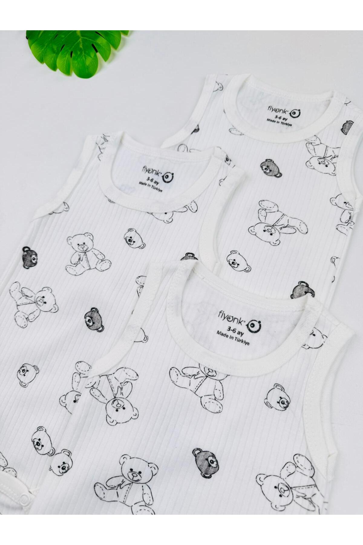 EFU BABY 3'lü %100 Pamuklu Ayı Desenli Fitilli Unisex Bebek Atlet Body Zıbın fotoğrafı 3 (önizleme)