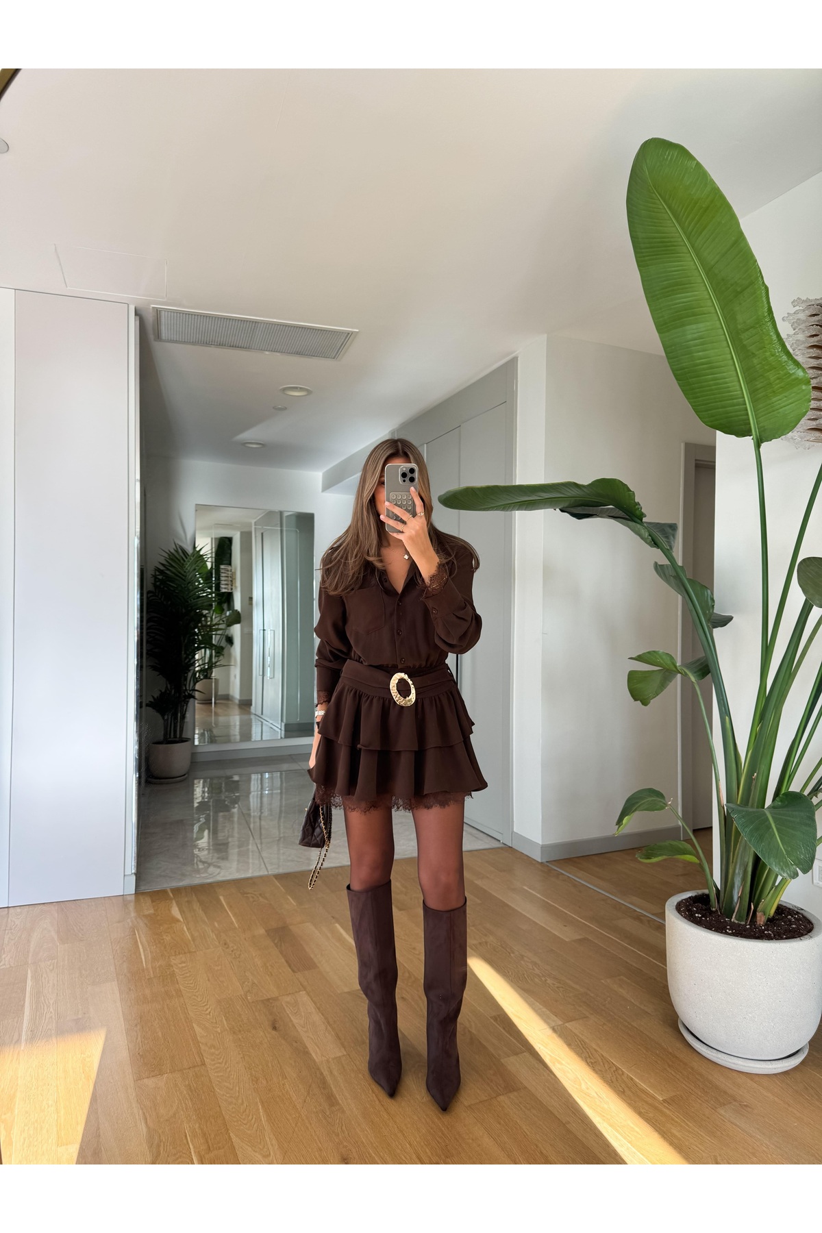 Shirt Collar Lace Detail Mini Belted Dress
