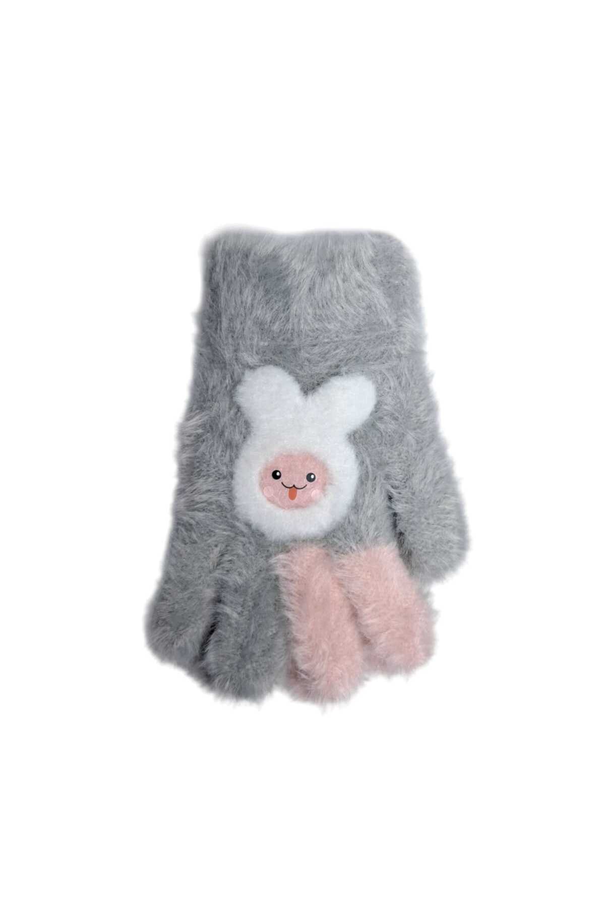 Kitti Spteks 4-8 Yaş Kız Çocuk Gri Renk Sevimli Tavşan Figürlü Kışlık Örme Eldiven fotoğrafı 3 (önizleme)