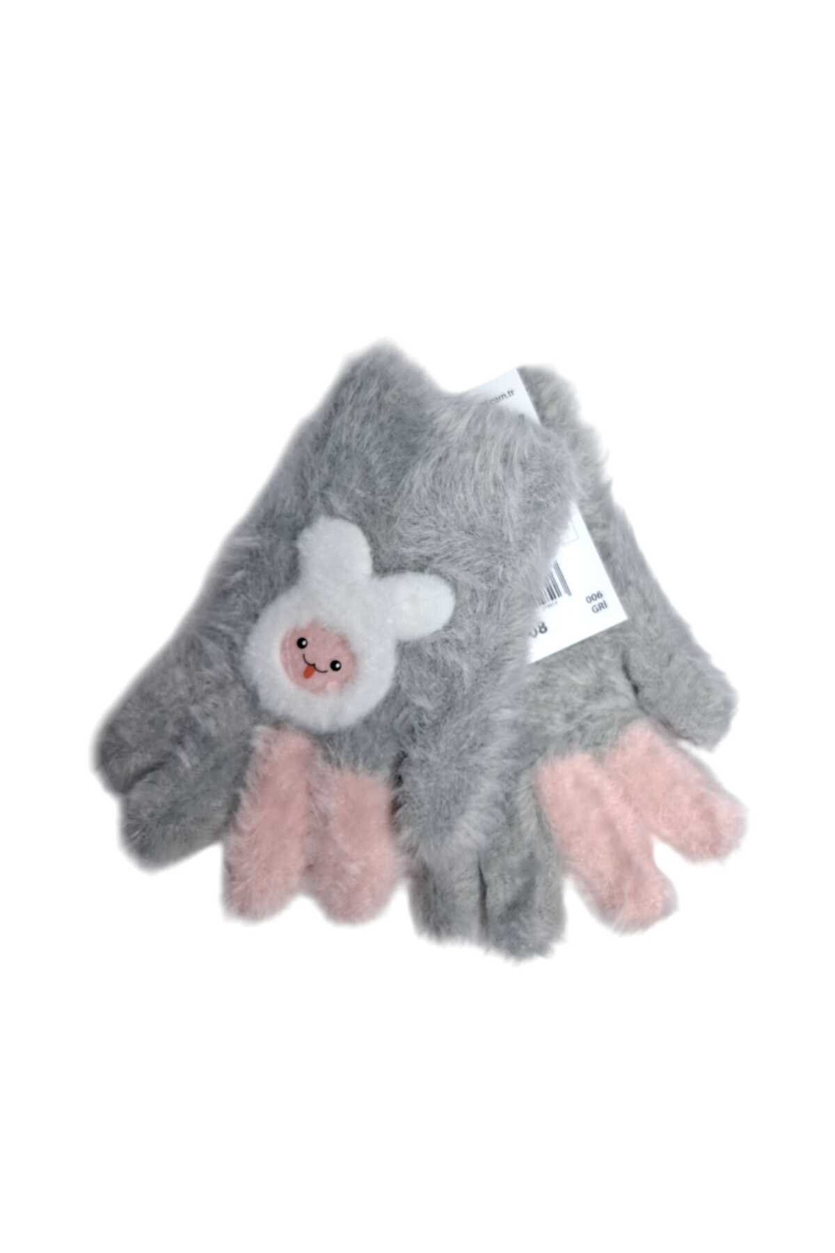 Kitti Spteks 4-8 Yaş Kız Çocuk Gri Renk Sevimli Tavşan Figürlü Kışlık Örme Eldiven fotoğrafı 2 (önizleme)