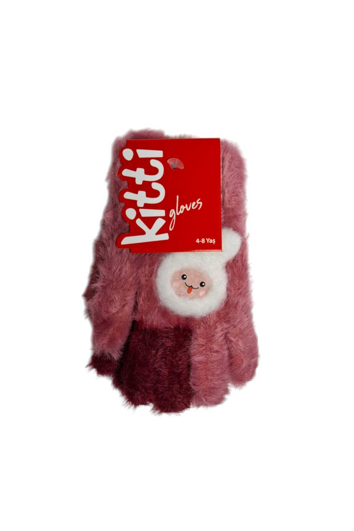 Kitti Spteks 4-8 Yaş Kız Çocuk Vişne Renk Sevimli Tavşan Figürlü Kışlık Örme Eldiven fotoğrafı 3 (önizleme)