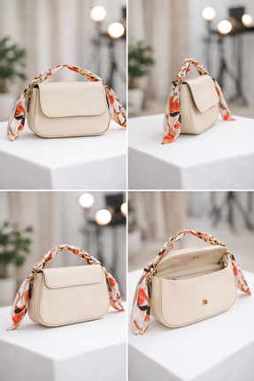 NEPTY CO KADIN BEJ ZİNCİR ASKILI FULARLI MİNİ OMUZ ÇANTASI