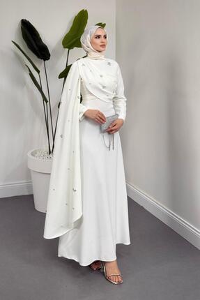 MERVEN AKYÜZ Elysia Pelerinli Taşlı Abiye Beyaz