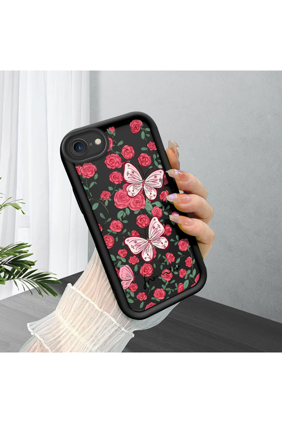 black Silicone Lens Protection Shock Absorbing Flexible Case Floral Butterfly for iPhone 7/8/SE 2020 2022