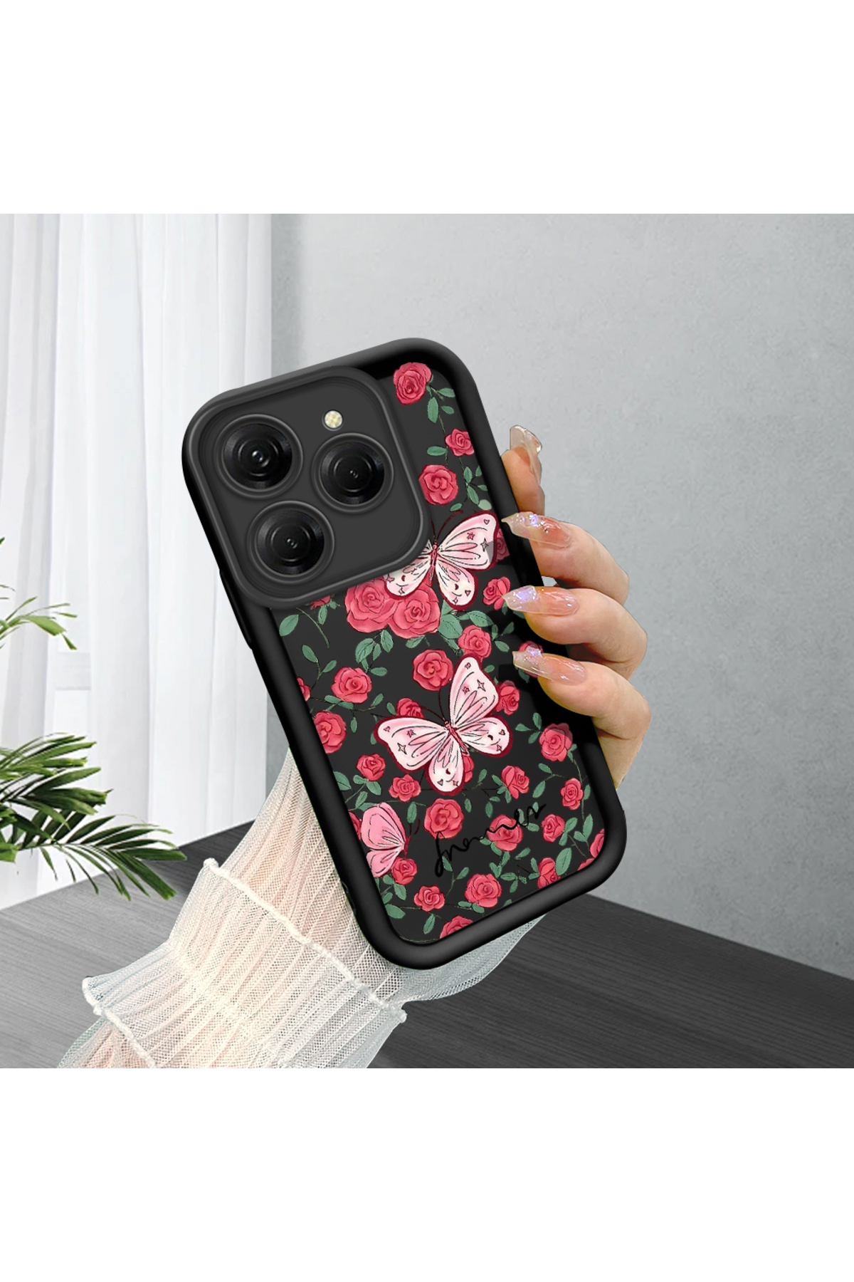 Tecno Spark 20 Pro 4G Compatible Black Silicone Lens Protection Shock Absorbing Flexible Case Floral Butterfly Pattern
