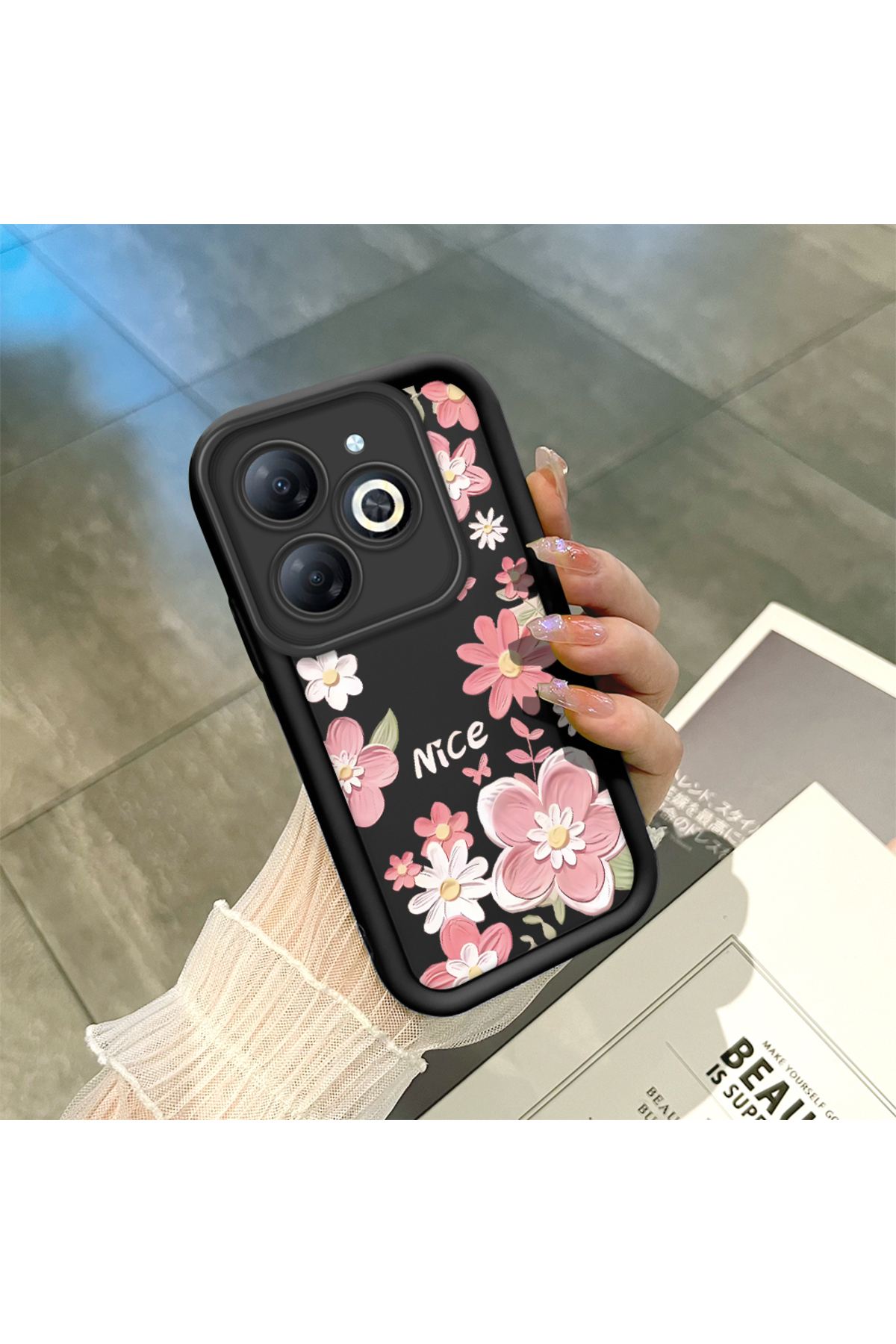 Tecno Spark 20/20C Compatible Black Silicone Lens Protection Shock Absorbing Flexible Case Floral Butterfly Pattern