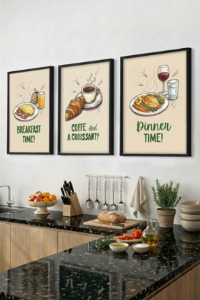 Yoko Home 3’lü Ahşap Çerçeveli Tablo Seti, Eat Time Tasarımlı Mutfak Tablosu ...