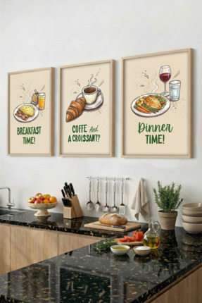 Yoko Home 3’lü Ahşap Çerçeveli Tablo Seti, Eat Time Tasarımlı Mutfak Tablosu ...