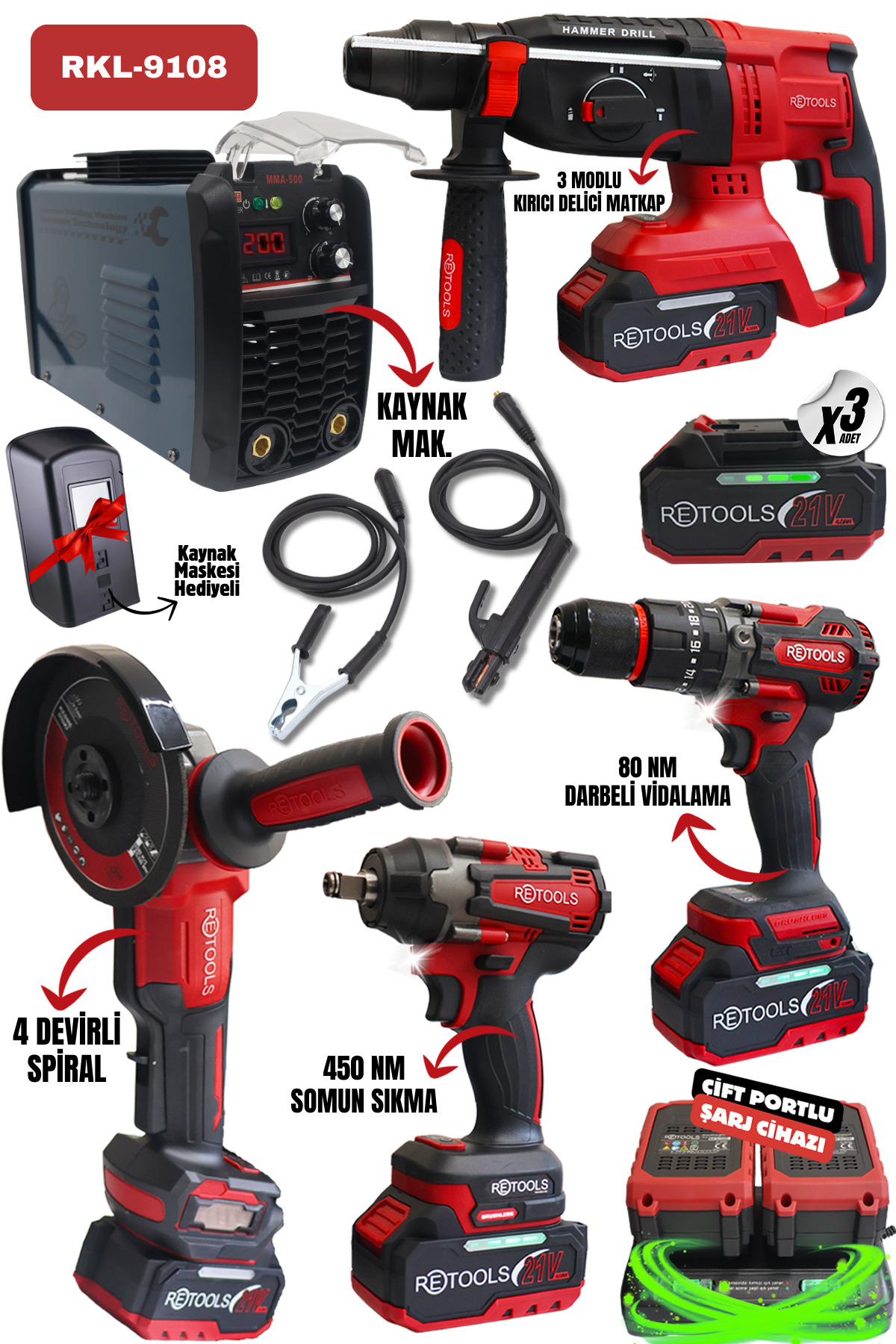 RETOOLS 5 Lİ SET KIRMIZI KABARTMALI (4 LÜ SET + 200 AMPER KAYNAK