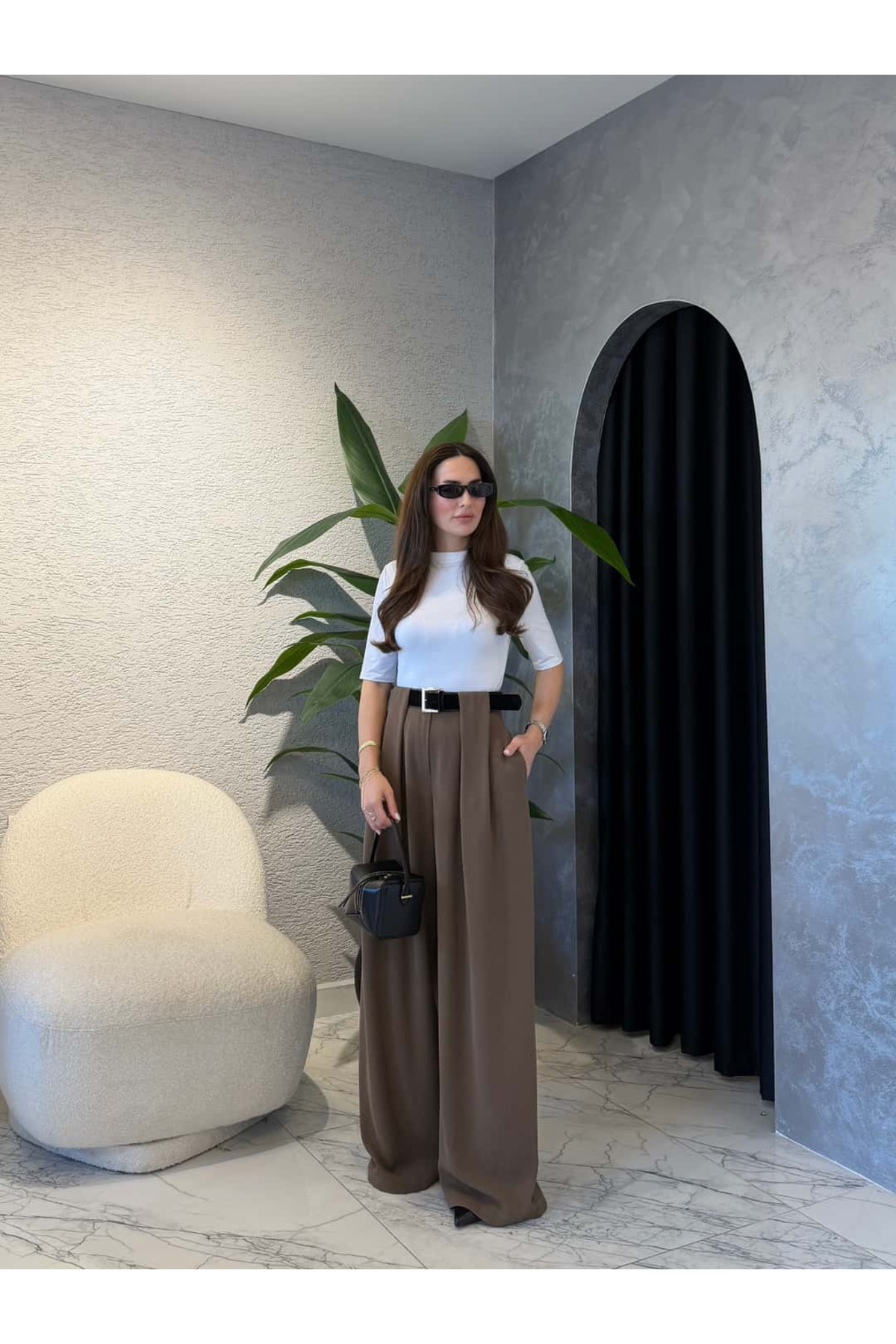 By Merve Darende  Kemerli Yüksek Bel Premium Palazzo Pantolon - Görsel 4