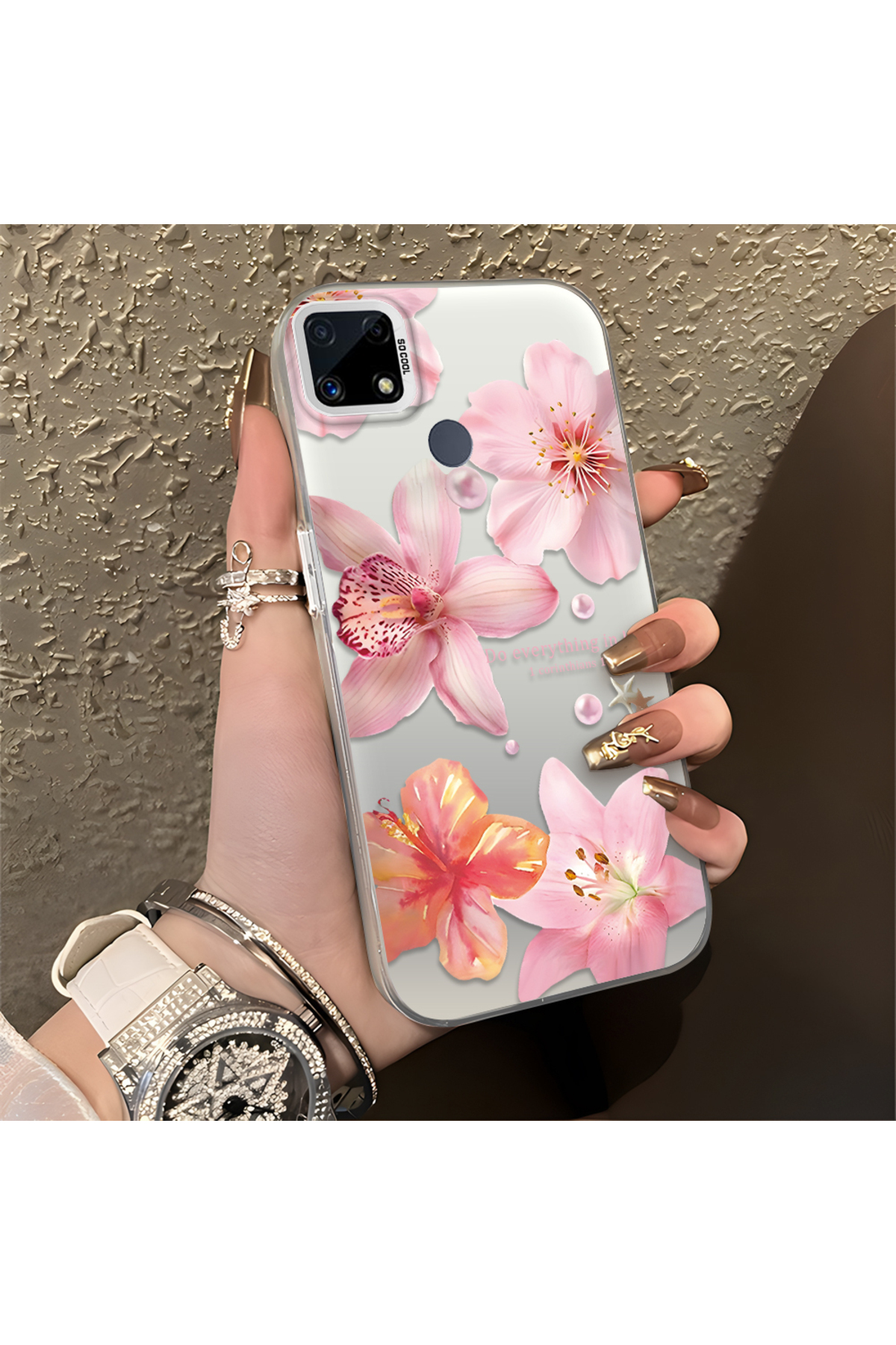 Realme C15 Compatible Flower Pattern Matte Gloss Surface Impact Protection Colorful Silver Pouch