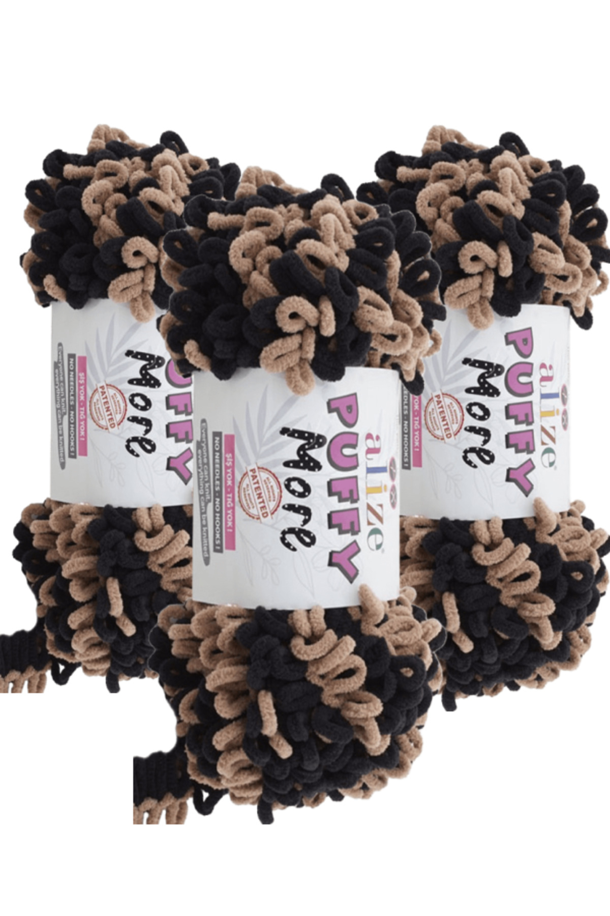 Puffy More Hand Knitting Yarn 3 Pieces – 6289 Black/Brown– 150 Gr. 11.5 Mt. – Blanket, Scarf, Vest