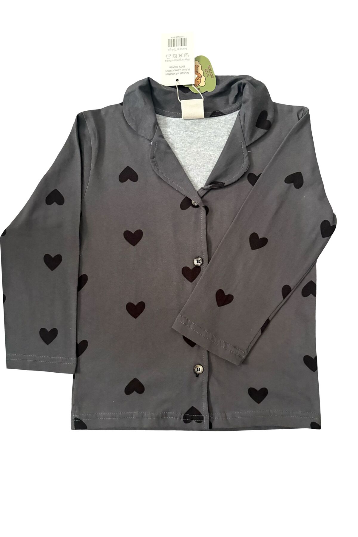 mışıl mışıl kids Kız Çocuk Gömlek Yaka Siyah Kalp Desenli İnce Pamuklu Pijama Takımı fotoğrafı 4 (önizleme)