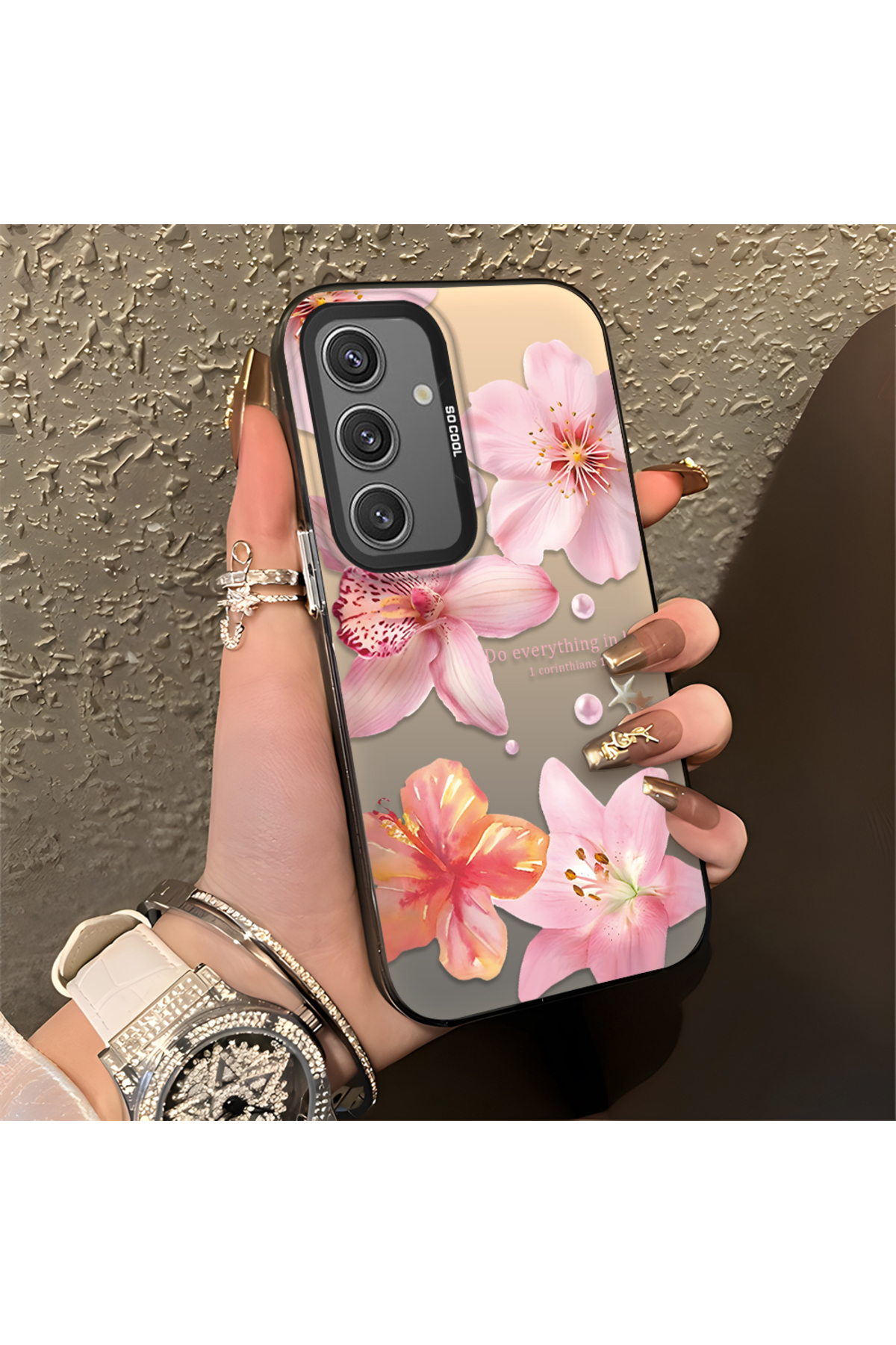 Samsung Galaxy S24 Compatible Flower Pattern Matte Gloss Surface Impact Protection Colorful Silver Case
