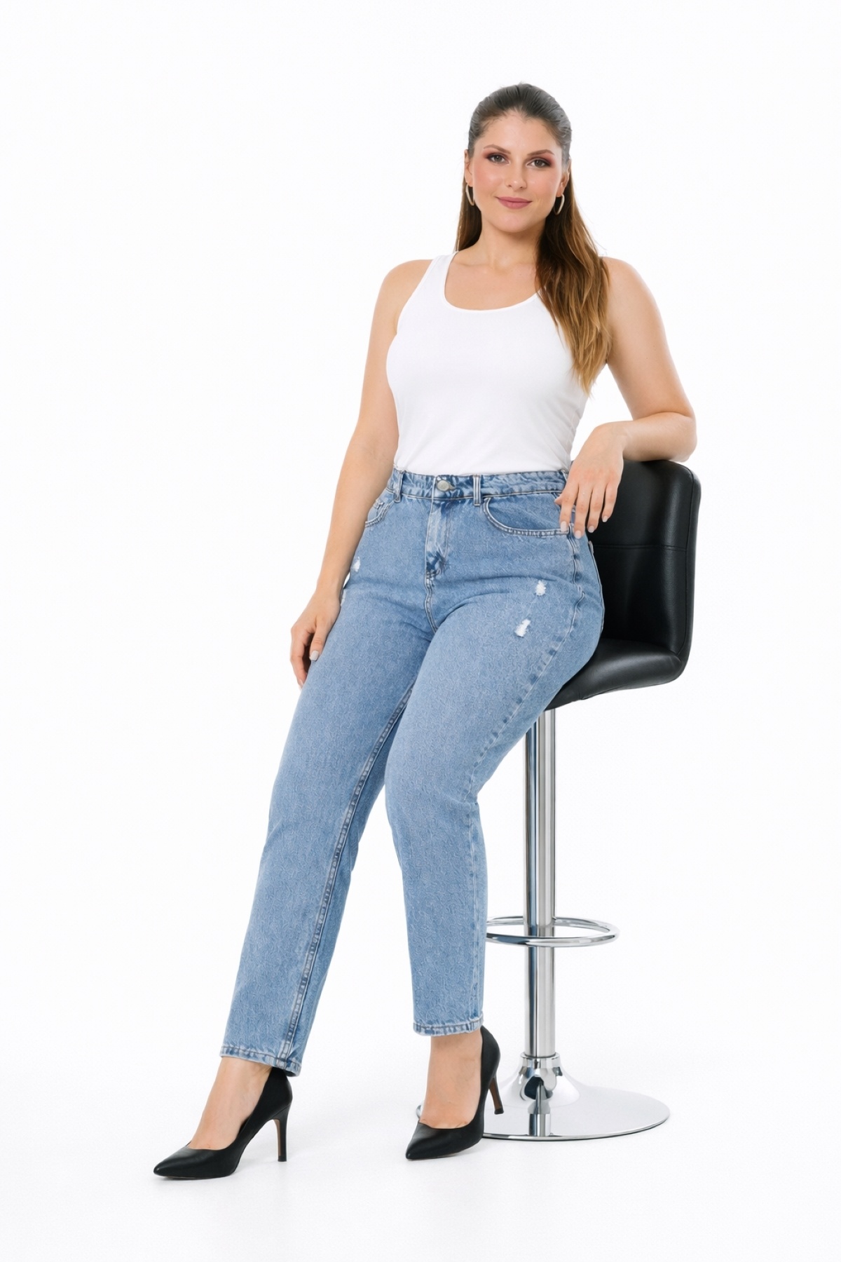 Şans  Kadın Büyük Beden Mavi, Yırtık Detaylı, Yüksek Bel 5 Cep Kot Pantolon 65N39329 - Görsel 4