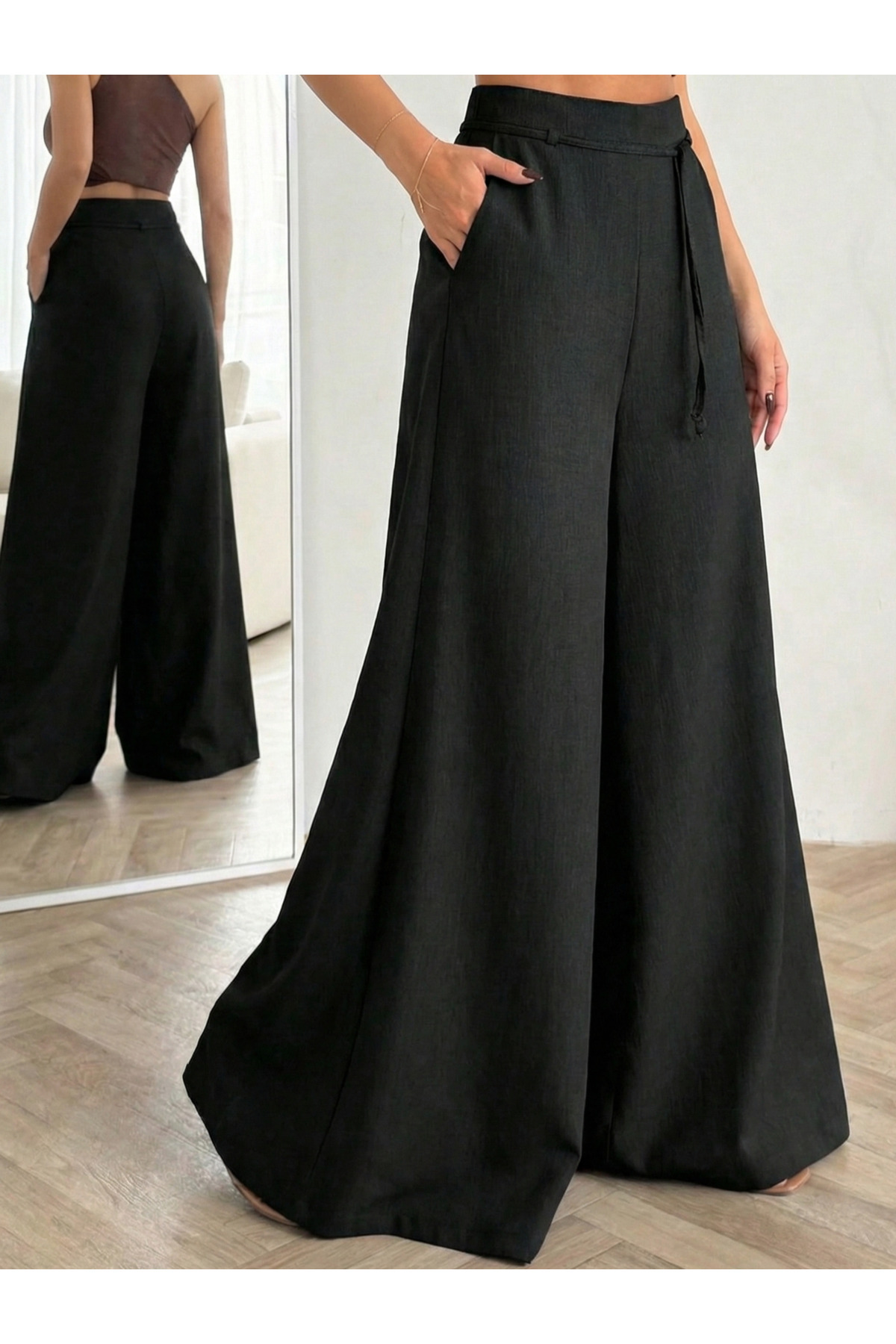 ZEYNEP RANA KADIN KETEN DÖKÜMLÜ SALAŞ KESİM WIDE LEG PALAZZO PANTOLON görsel 6
