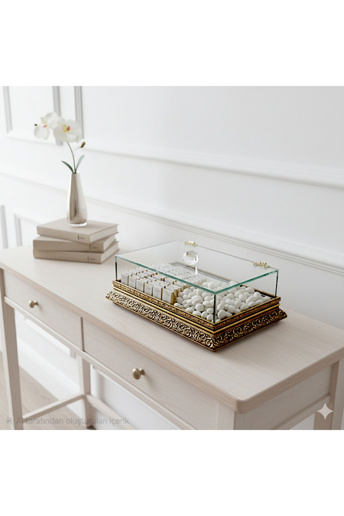 Lüks Gold Detaylı Cam Sunum ve Çikolata Kutusu Söz Nişan Bohça Makyaj Kutusu 30x20x6(çikolatasızdır)