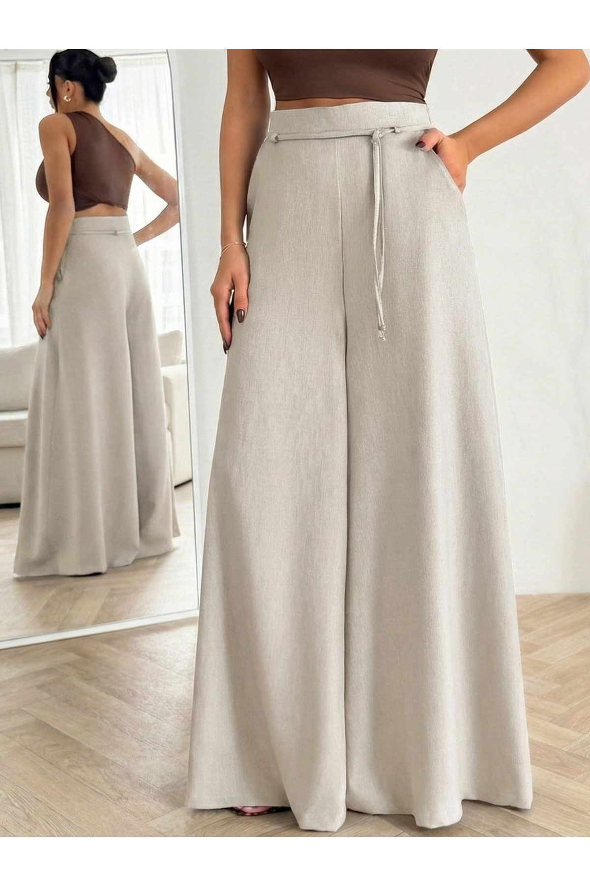 ZEYNEP RANA KADIN KETEN DÖKÜMLÜ SALAŞ KESİM WIDE LEG PALAZZO PANTOLON