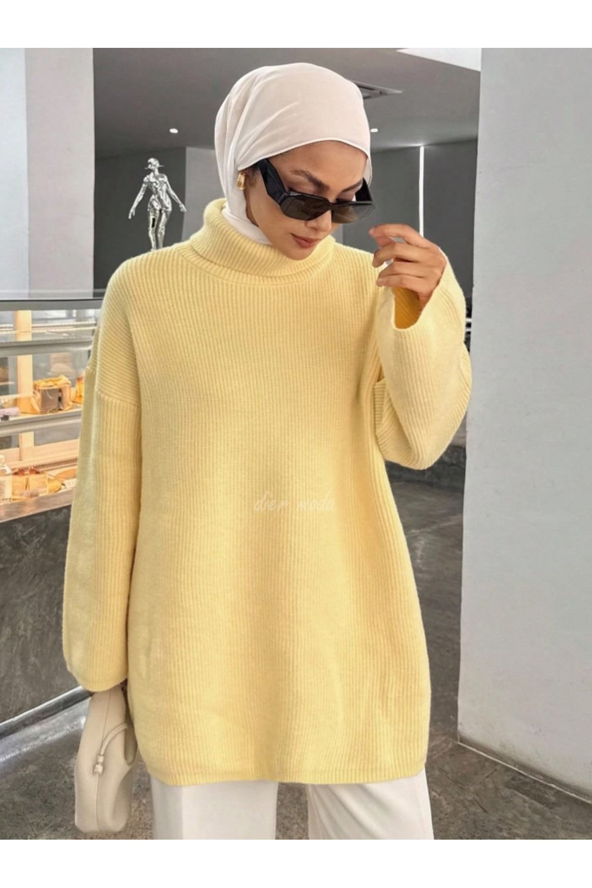 Dier Moda Kadın Sarı Balıkçı Yaka Düşük Omuz Geniş Kesim Triko Kazak Fmoda8084 görsel 5
