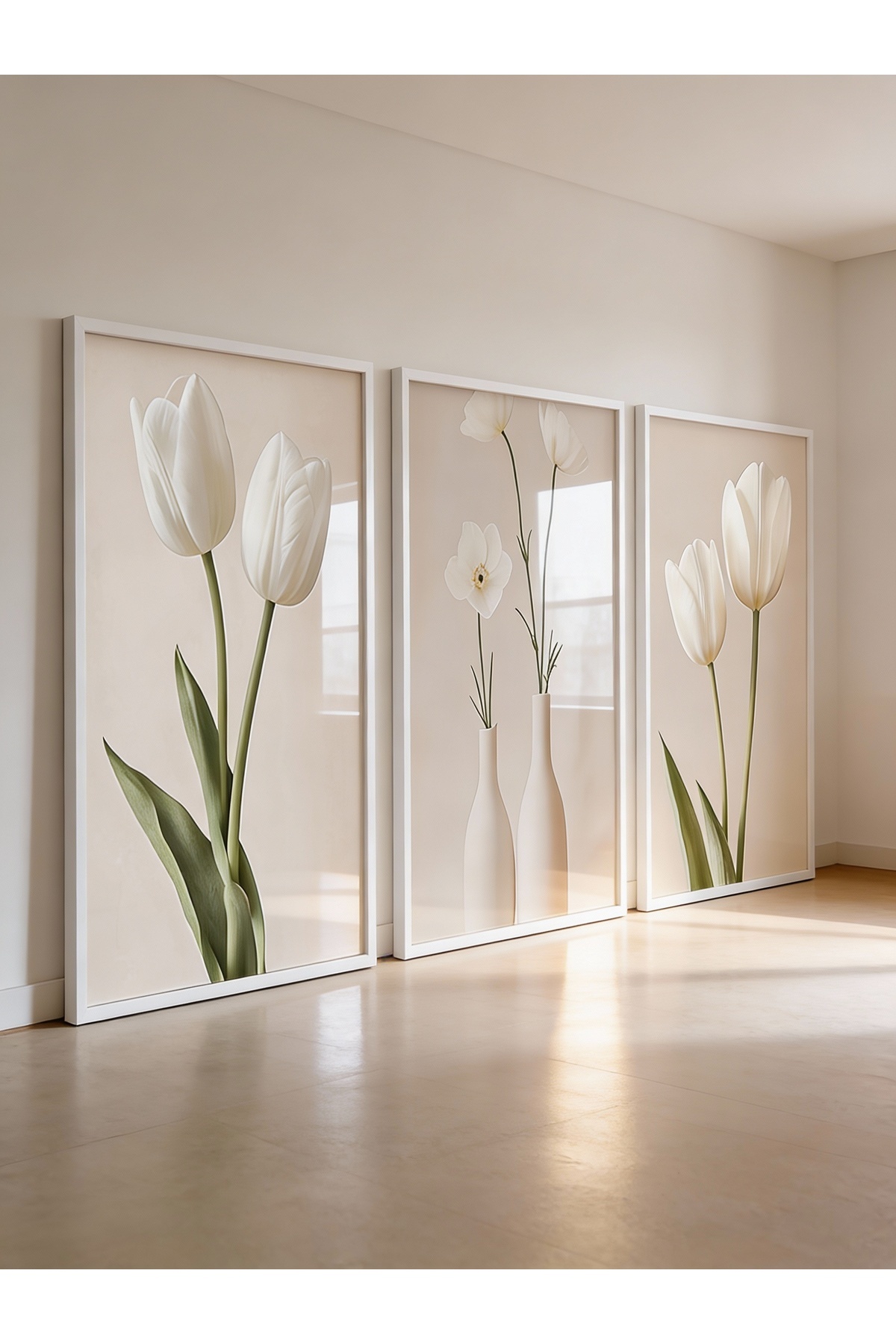 Minimal White Flower 3-Piece Painting Set | Modern Living Room & Bedroom Wall Table with Frames (WITHOUT GLASS)