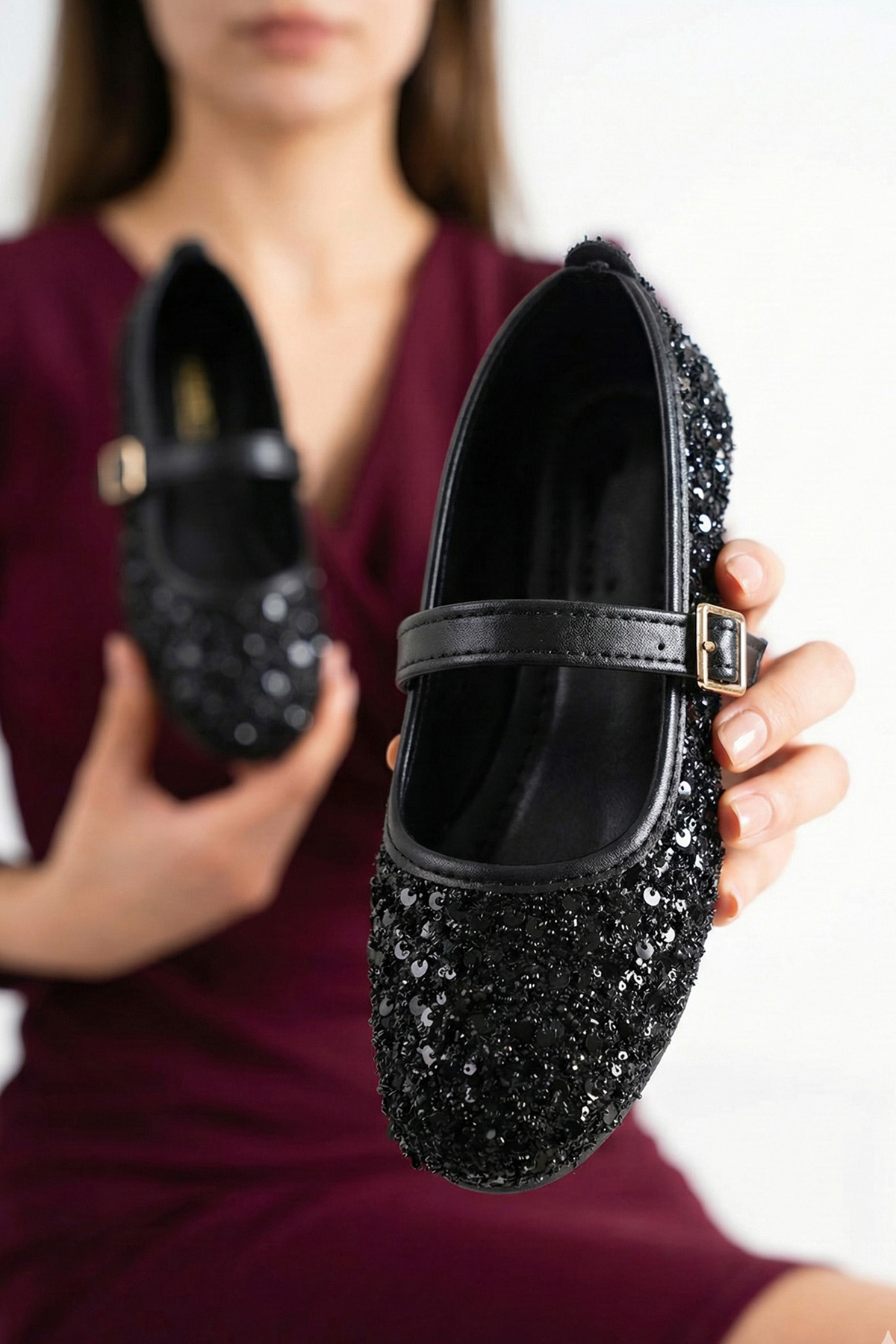 StWenn  Siyah Pullu Simli Payetli Mary Jane Babet Şık Tokalı Ortopedik Taban Günlük Ayakkabı - Görsel 2