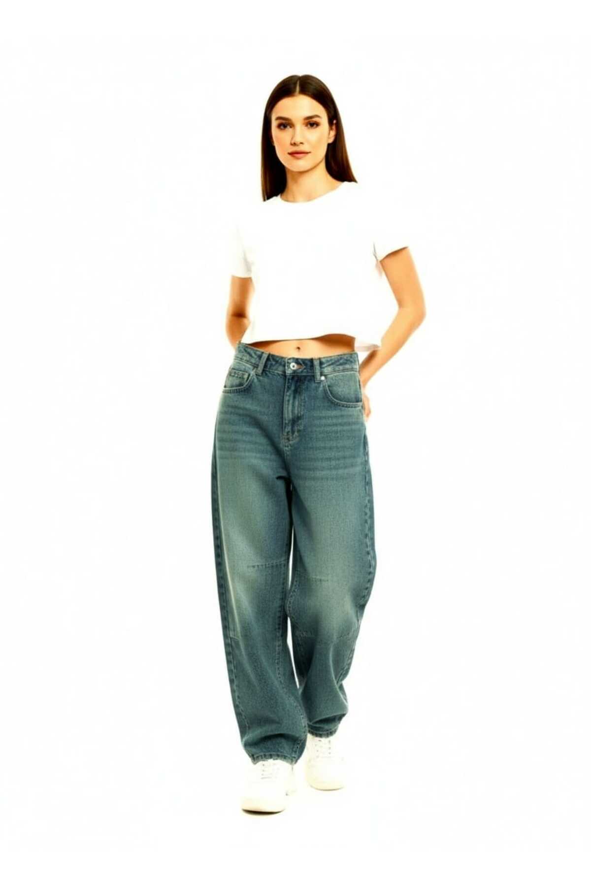 Green Tint Baggy Buckle Detailed Wide Cut Wide Leg Comfortable Baggy Jean Jeans Loose Trousers for Women