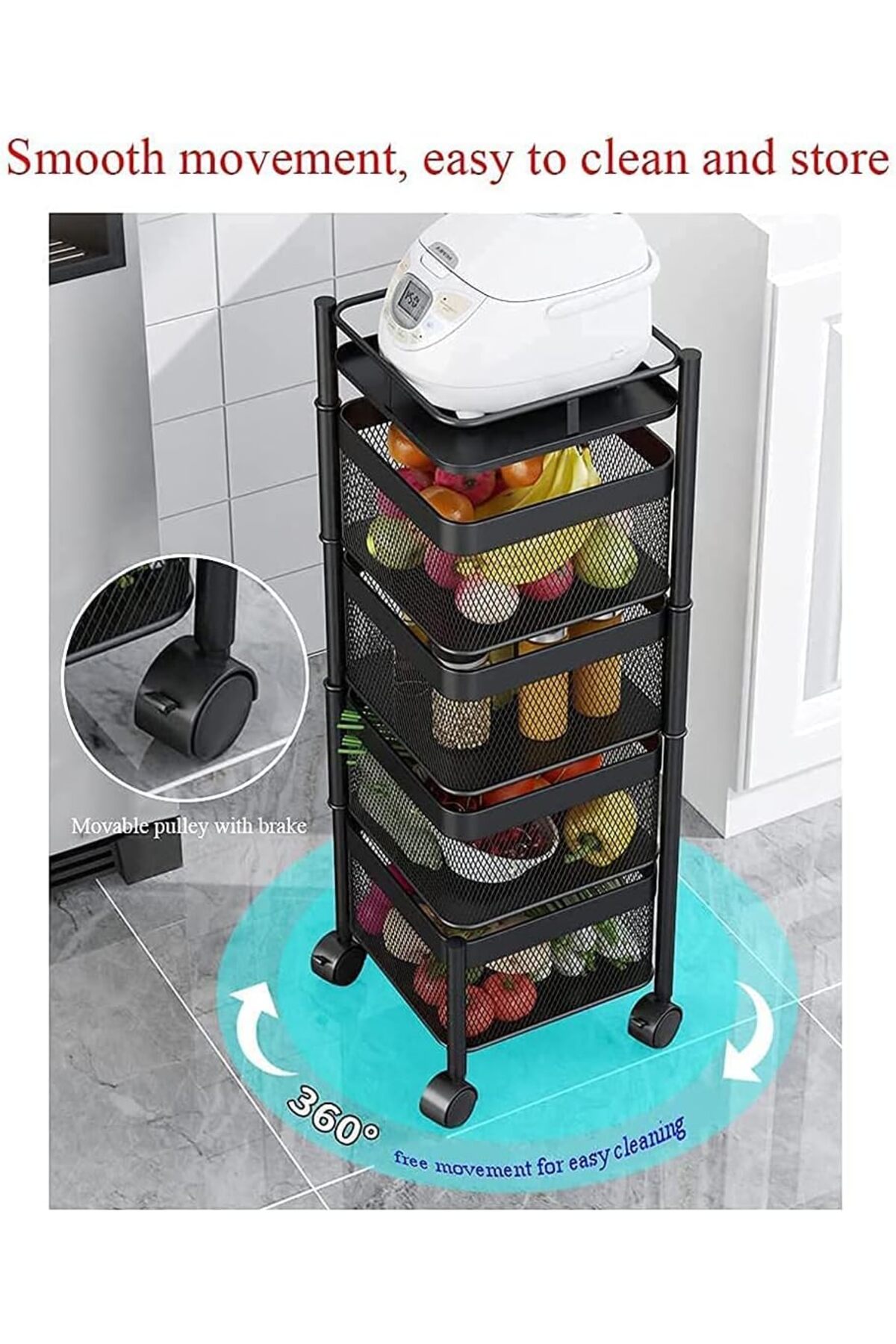 منظم دوار وسلة فواكه وخضروات بعجلات – رف تخزين متحرك متعدد الطبقات للمطبخ
