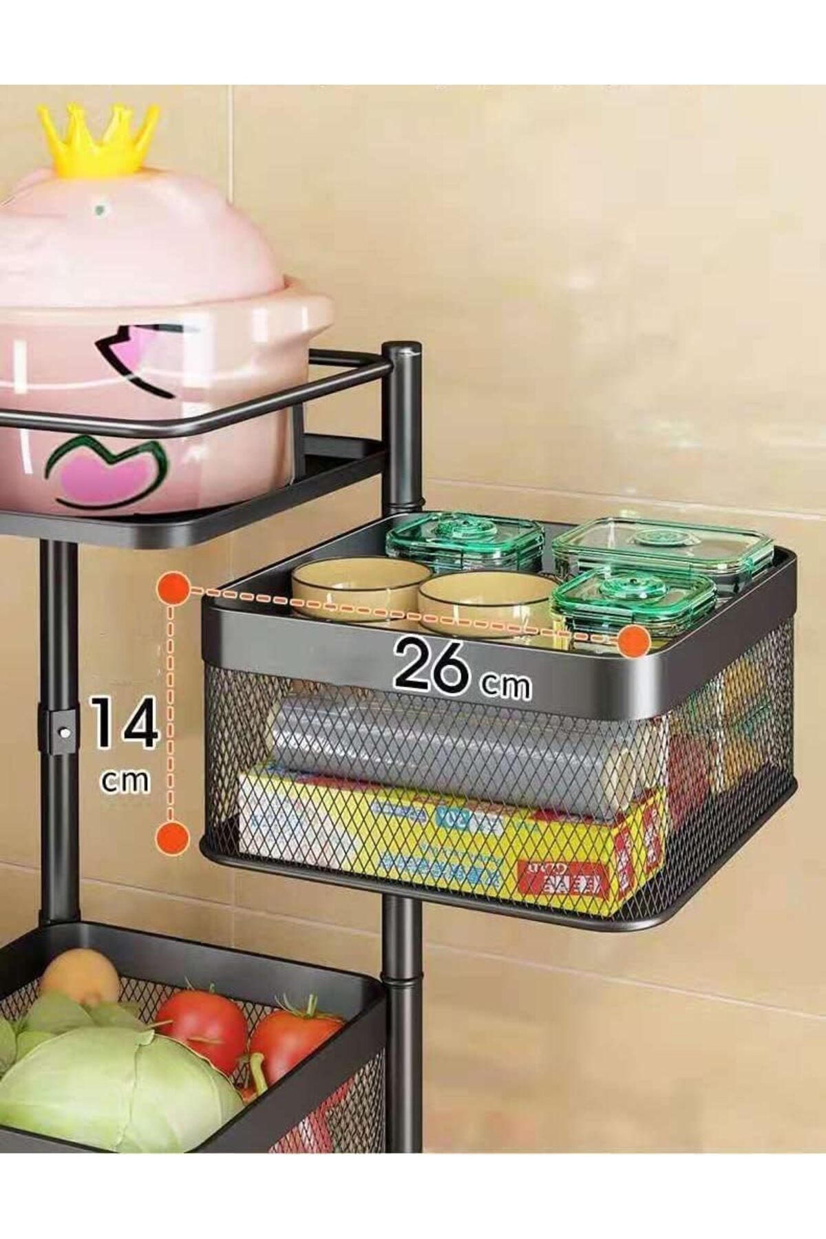 منظم دوار وسلة فواكه وخضروات بعجلات – رف تخزين متحرك متعدد الطبقات للمطبخ