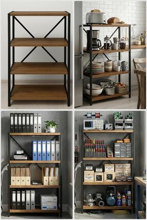 Agila Metal Gövdeli Kitaplık, Çok Amaçlı 4 Katlı Mutfak & Banyo Rafı - Kahve