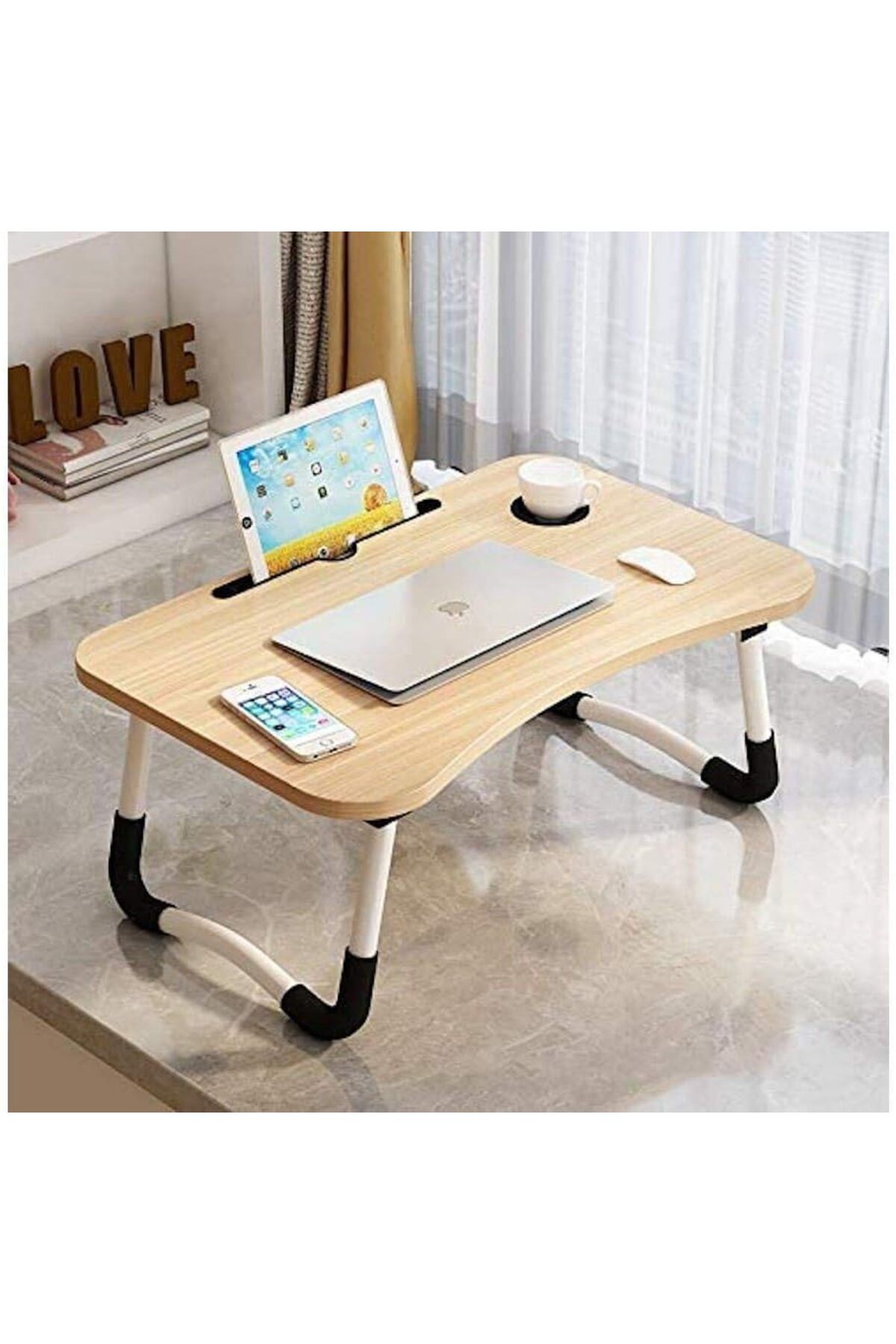 طاولة لابتوب للسرير محمولة قابلة للطي مع حامل أكواب للعمل وتناول الطعام والكتابة، لون بيج