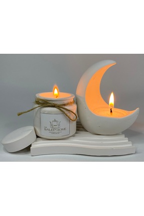 SalepHome Dekoratif Beton Ay Mum Mumluk Ve Tabak, 3'lü Hediyelik Mum Seti,Kok...