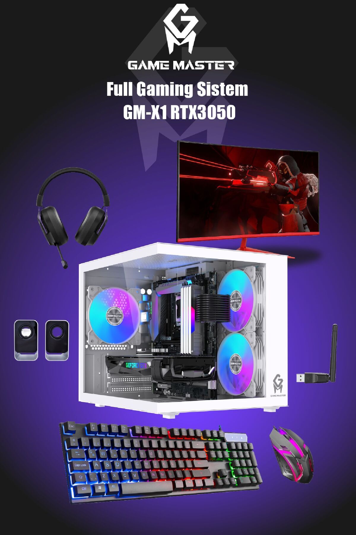 GM Game Master GM-X1 Hazır Full Gaming PC Set R5 5600 16GB Ram 512GB M2 RTX3050 27\" 165Hz FHD Oyuncu Monitör Kasa