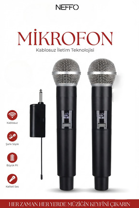 NEFFO Çiftli Kablosuz Mikrofon Seti – Şarj Edilebilir Karaoke Mikrofonu, 50 M...
