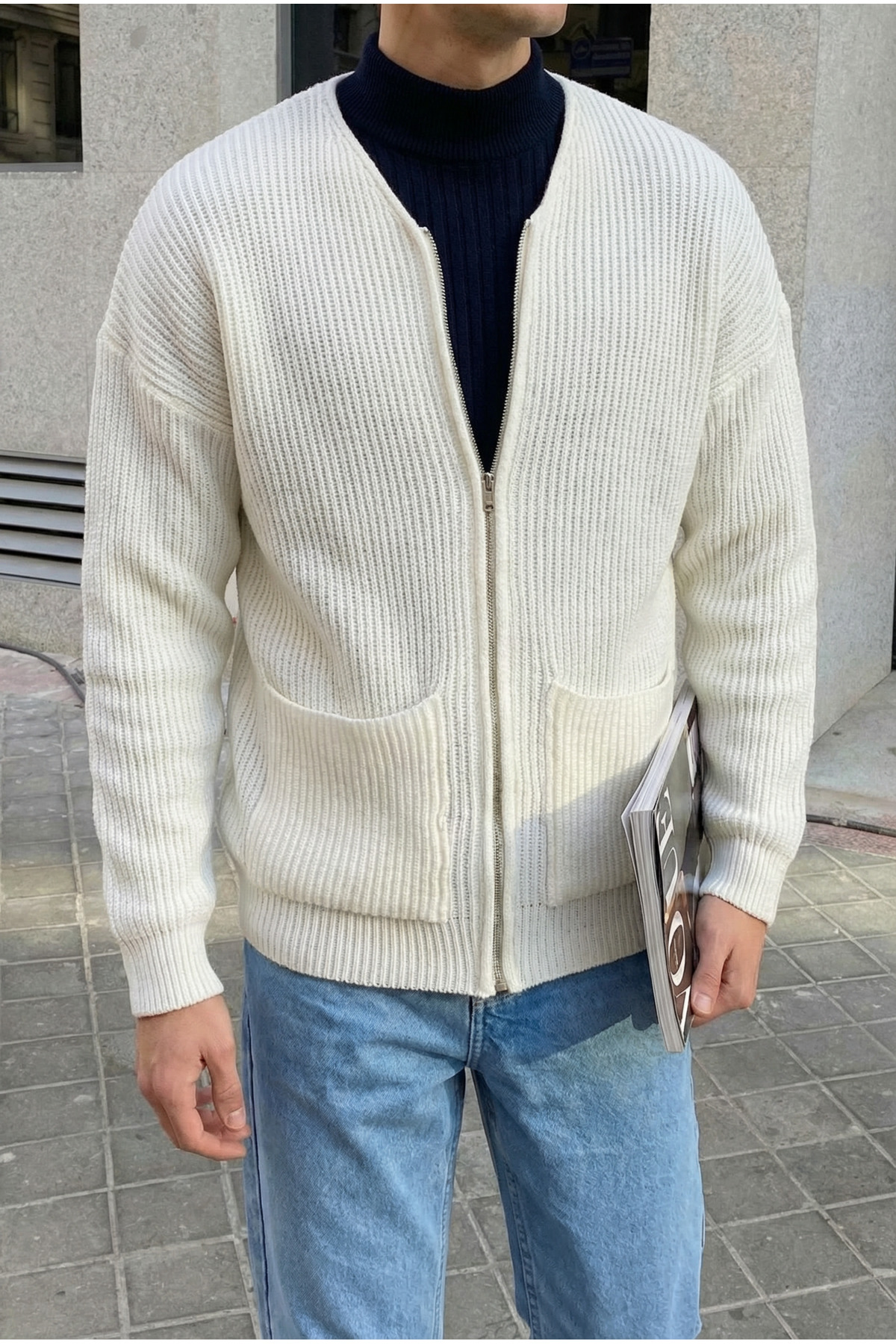 MADZEYMODA Erkek Fermuarlı Ekru Triko Hırka Mz62003 görsel 4
