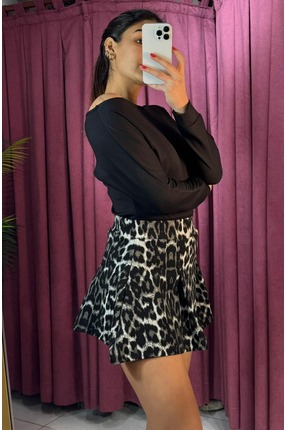 inci bayan giyim LEOPAR PİLELİ ŞORT ETEK/siyahh