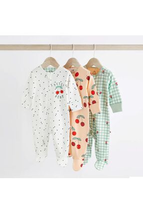 Next Baby Pamuklu Beyaz Yeşil Krem Desenli 3'lü Tulum Set