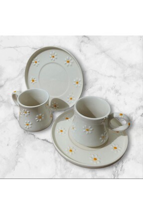 Modern Seramik Modern Çini 2 Kişilik Tabaklı Seramik El İşi Papatya Desenli F...