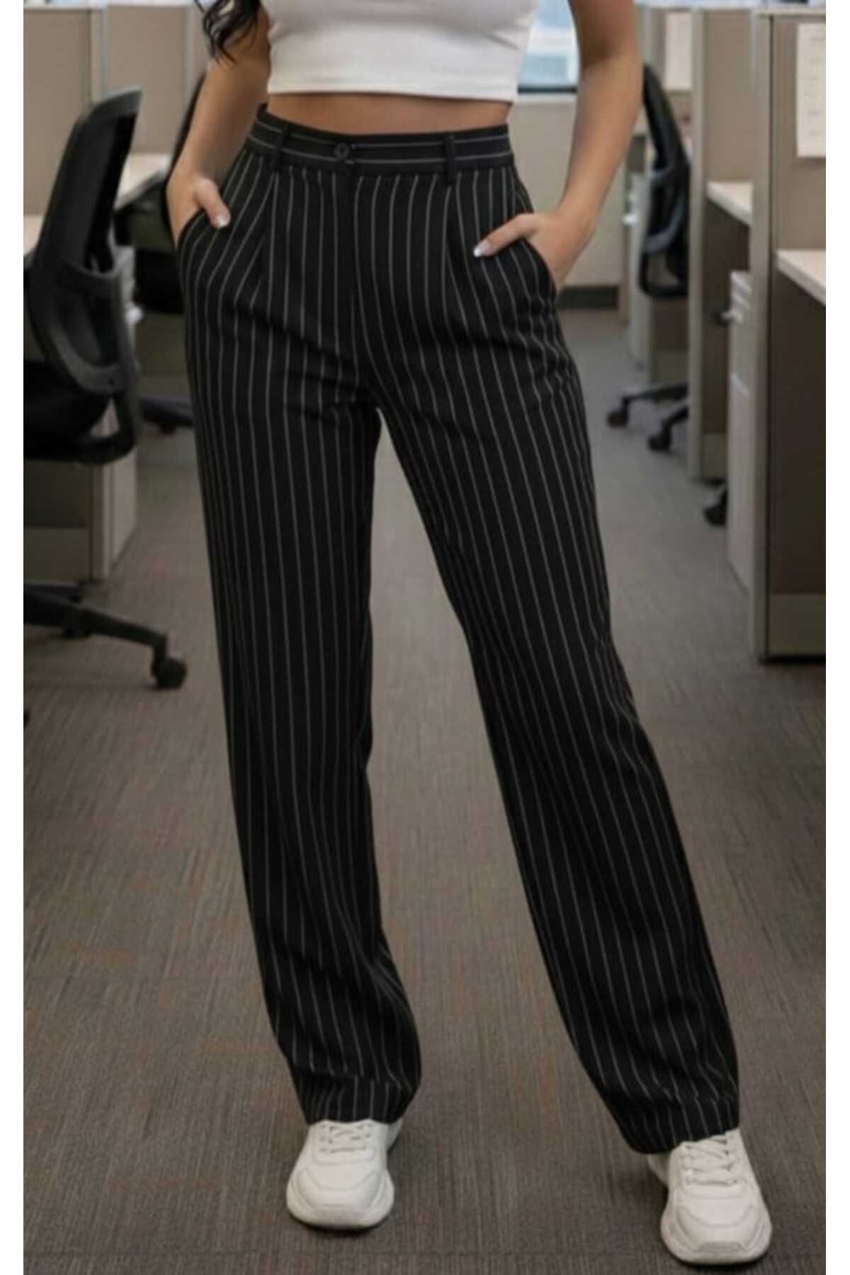 ZUM Palazzo Μαύρο Ριγέ Παντελόνι Γυναικείο με Τσέπες, Χωρίς Κούμπωμα, Oversiz...