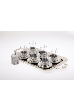 sultaneh Hediyelik Titanyum kaplama Lüks Çay Seti 6 kişilik Tepsili & çay kaş...