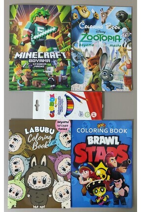 ada çanta kırtasiye 4 adet stickerli boyama kitabı ve 12 li kuru boya kalemi ...
