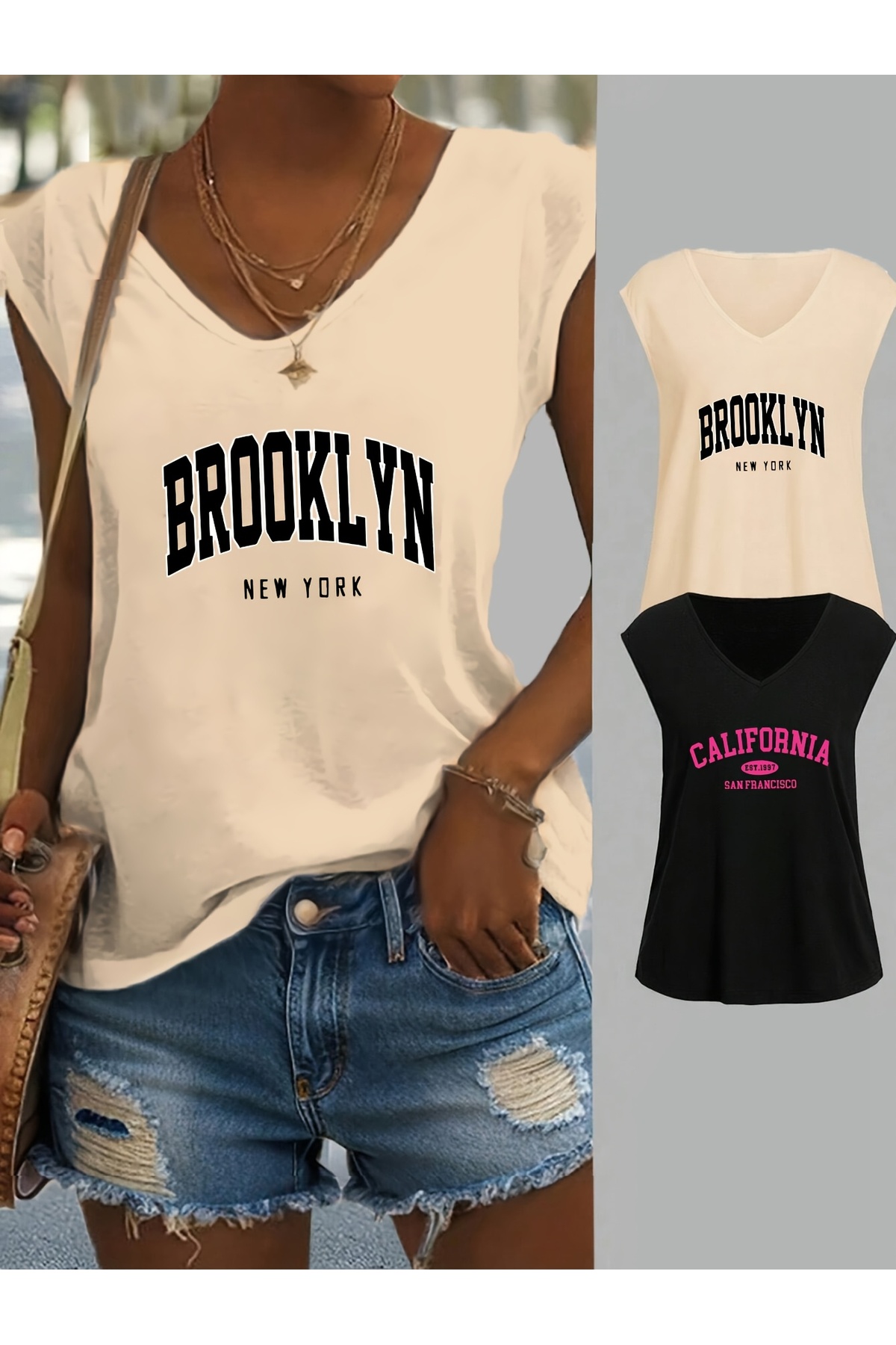 Women's 2 Pieces Mix Printed V-Neck Sleeveless Oversize Salas Boyfriend T-shirt Set