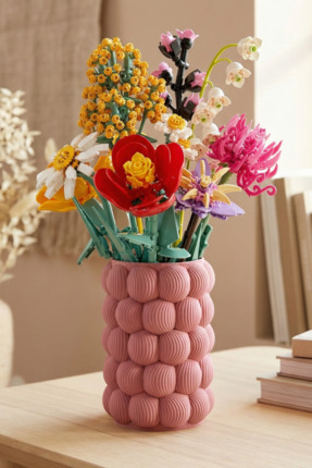 ENG.CO Pastel Pembe Ahududu Desenli LEGO Çiçek Uyumlu Vazo – Modern Dekoratif...