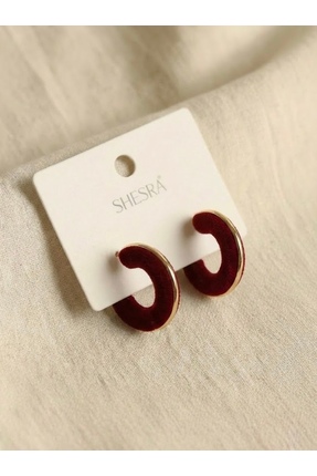 shesra Mengüer 14 Ayar Altın Kaplama Çelik Bordo Süet Dokulu Halka Küpe (20 mm)