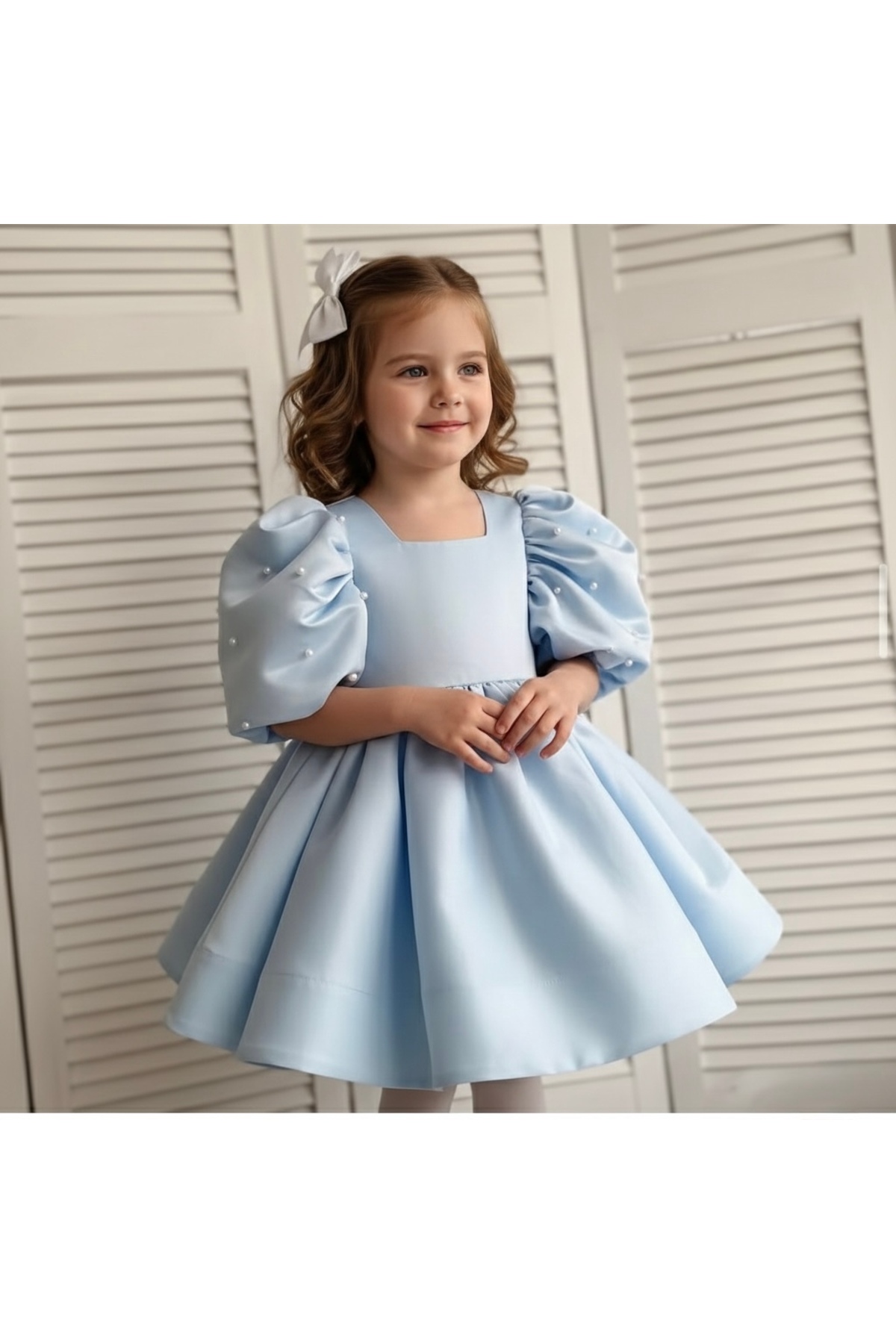 Asel Kids Kız Çocuk İnci Detaylı Balon Kol Mini Elbise