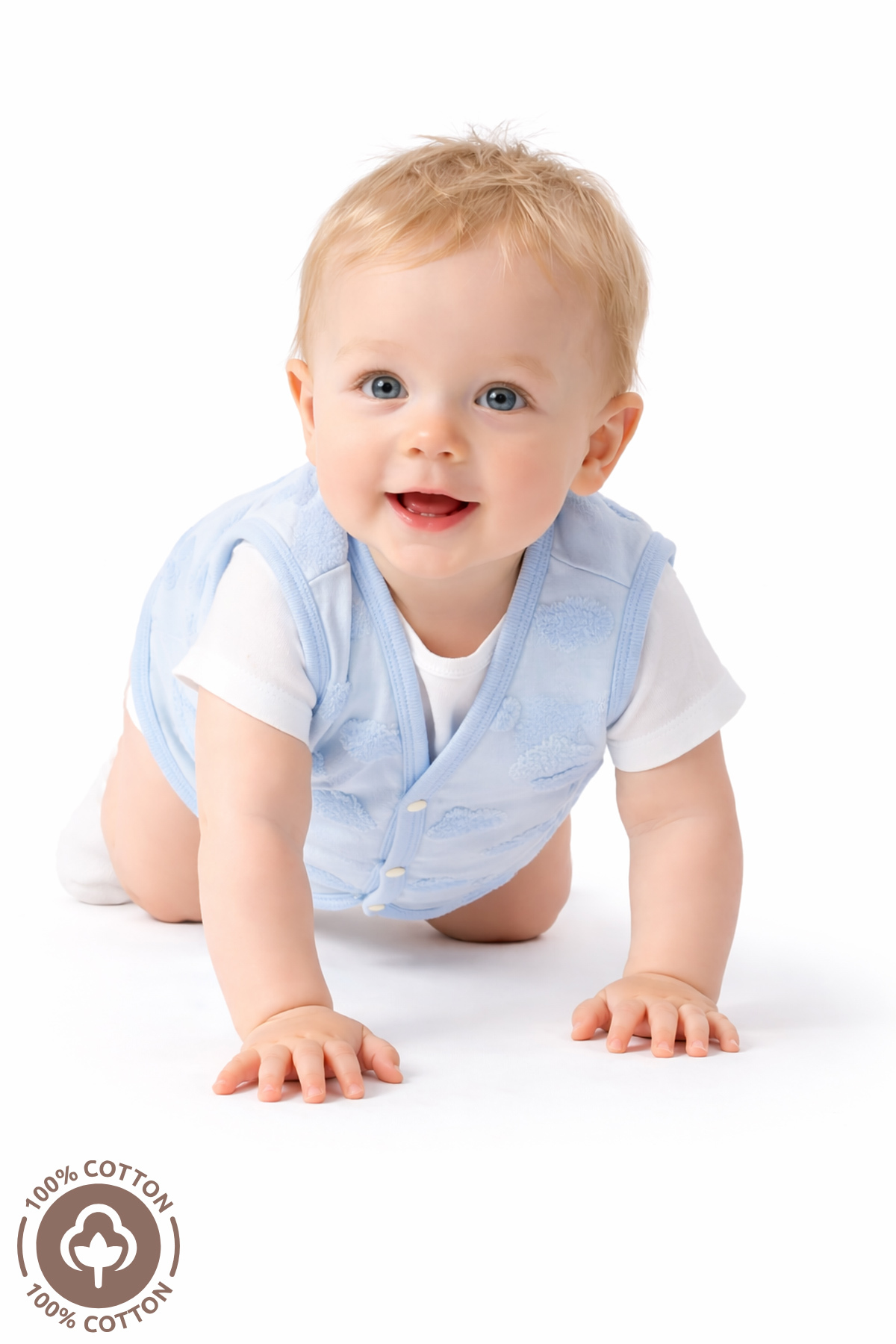 Miniel Unisex Bebek Bulut Desenli Organik Pamuklu Çift Kat Astarlı Bebek Yelek fotoğrafı 2 (önizleme)